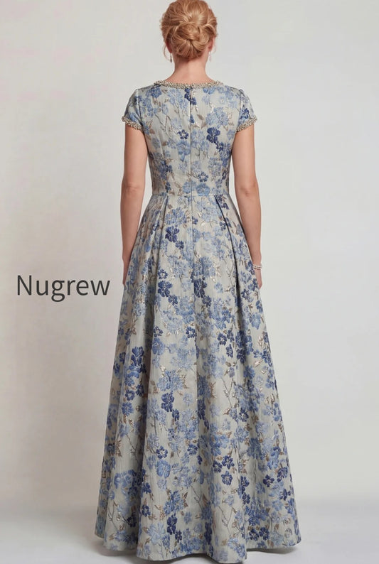grey-blue-floral-jacquard-a-line-long-mother-of-the-bride-dress-with-sleeves