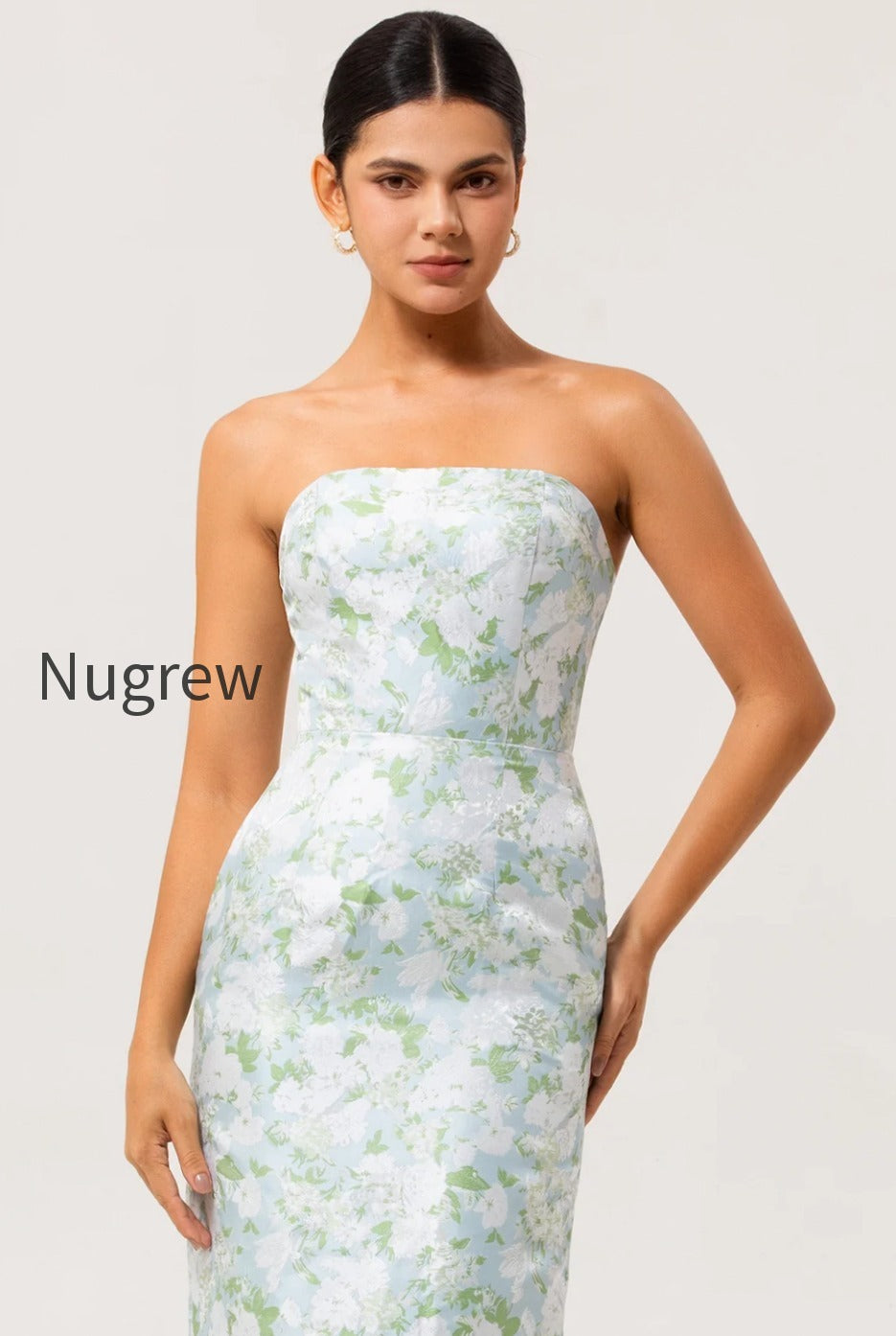 white-and-blue-floral-strapless-sheath-satin-long-wedding-guest-dress