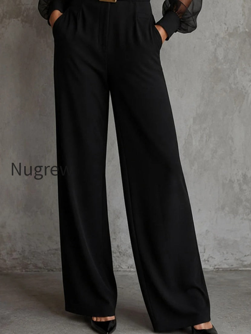 elegant-black-lapel-sheer-puff-sleeve-wide-leg-jumpsuit
