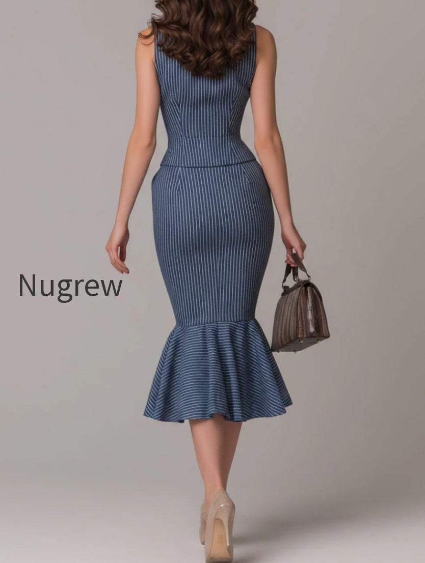 shirt-collar-striped-panel-vest-fishtail-skirt-set