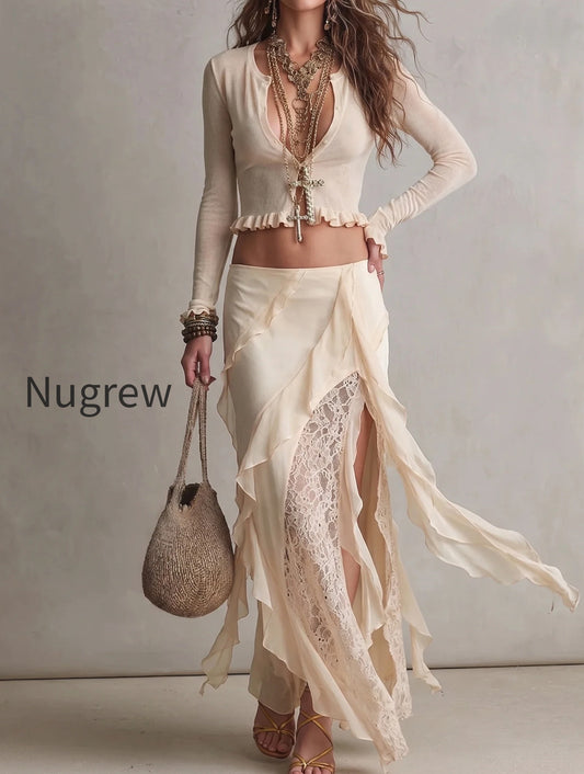 women-2-piece-ruffle-crop-top-lace-slit-chiffon-maxi-skirt-set