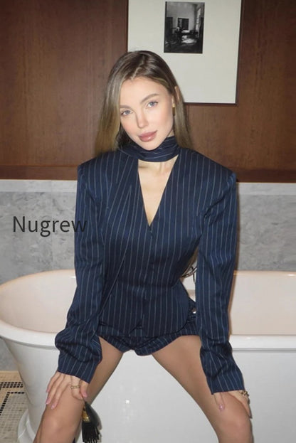 v-neck-striped-fitted-blazer-skirt-two-piece-set