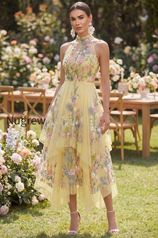 high-neck-floral-butter-yellow-a-line-maxi-wedding-guest-dress-with-ruffles