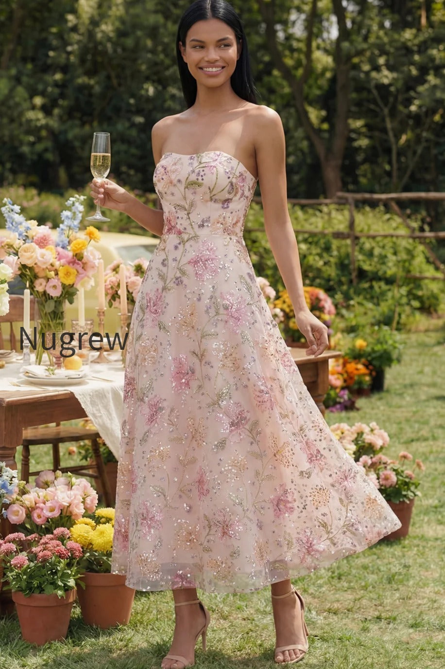 sparkly-pink-sequin-a-line-floral-maxi-strapless-wedding-guest-dress