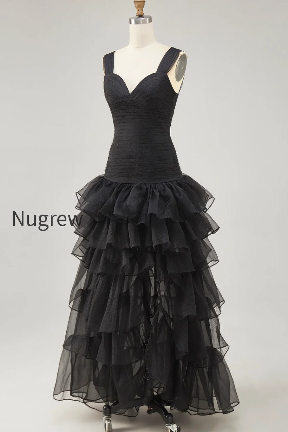 black-organza-sweetheart-ruffled-high-low-formal-dress