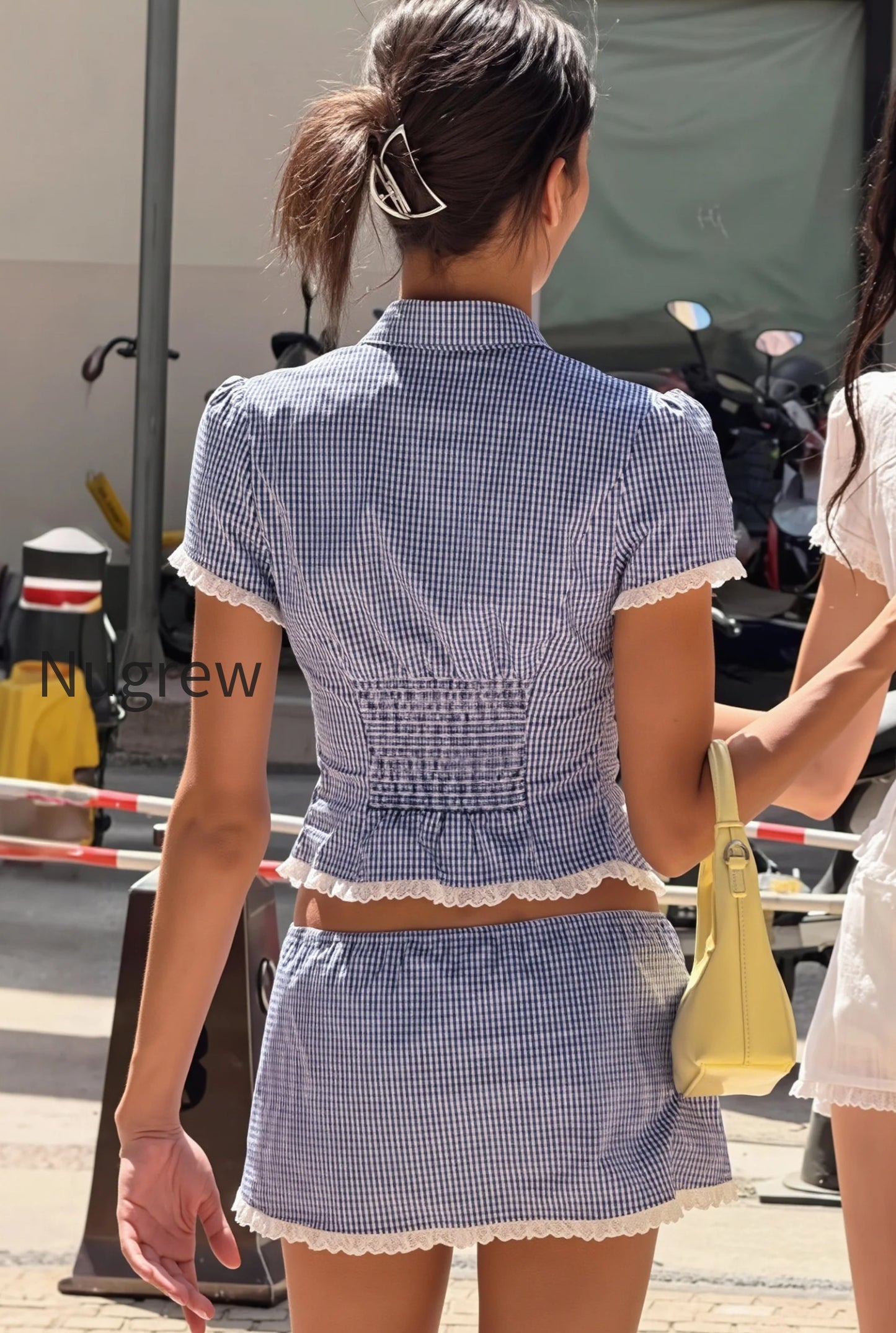 retro-plaid-lace-trim-v-neck-skirt-set