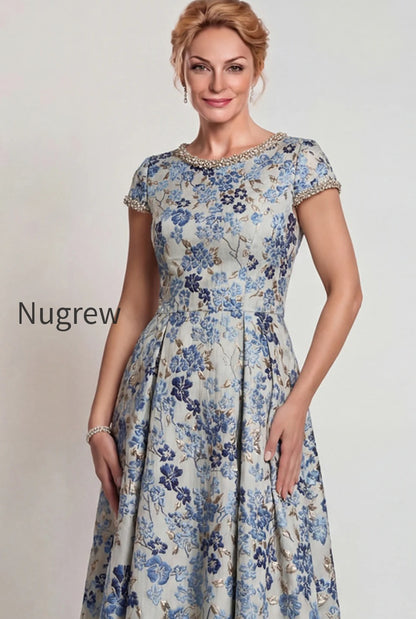 grey-blue-floral-jacquard-a-line-long-mother-of-the-bride-dress-with-sleeves