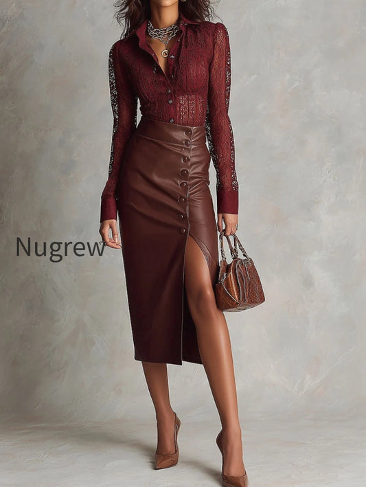 elegant-lace-blouse-with-shirt-collar-button-detail-faux-pu-slit-skirt-set