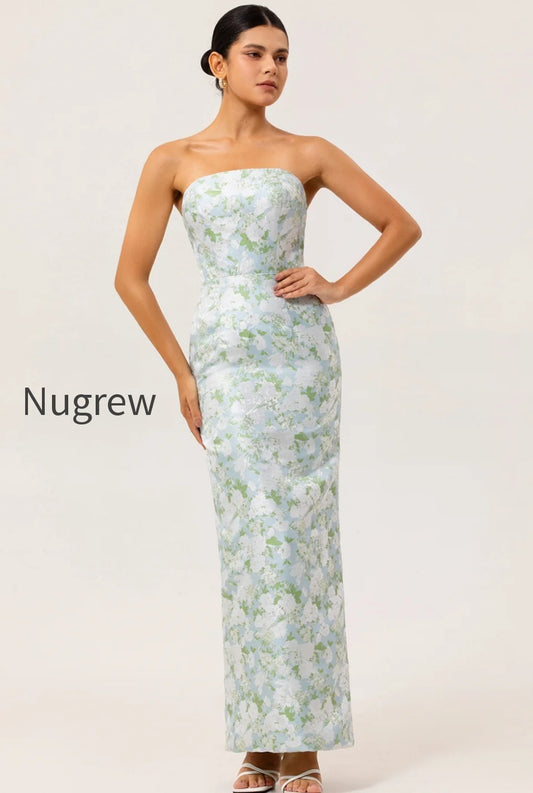 white-and-blue-floral-strapless-sheath-satin-long-wedding-guest-dress