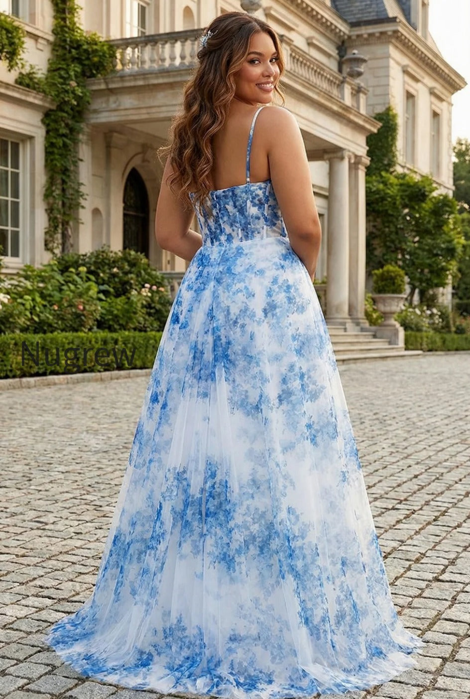 white-blue-flower-spaghetti-straps-corset-long-prom-dress-with-slit
