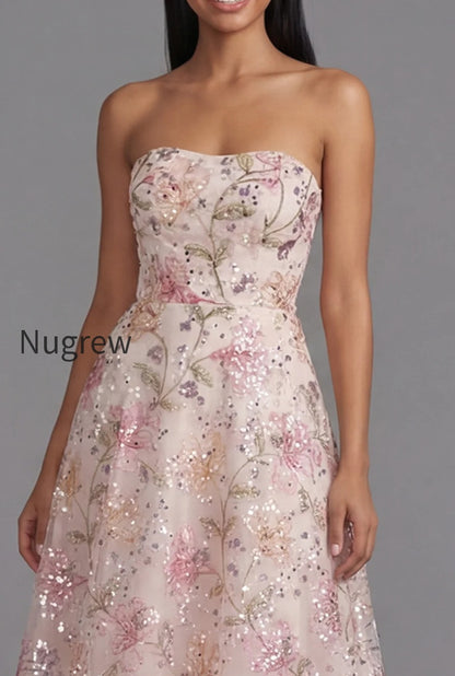 sparkly-pink-sequin-a-line-floral-maxi-strapless-wedding-guest-dress