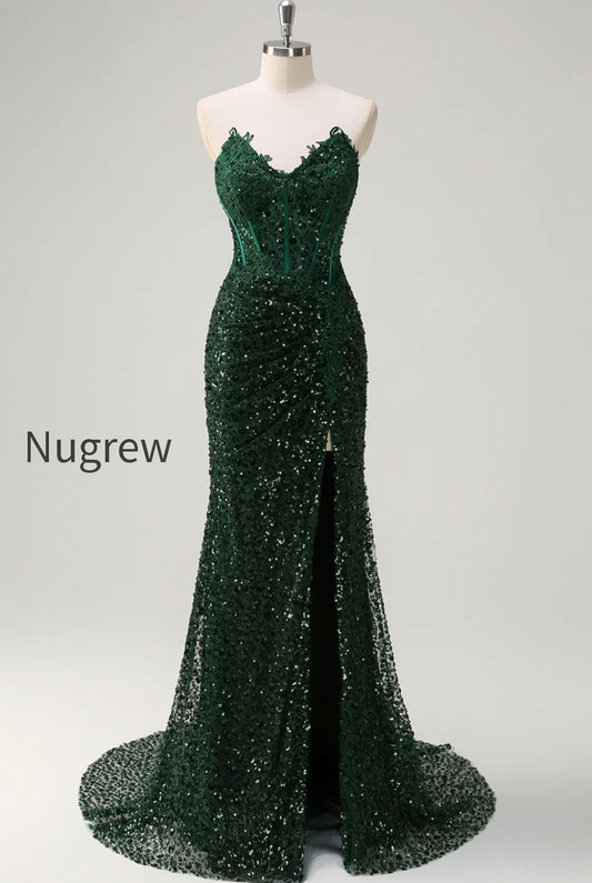 dark-green-floral-sequined-mermaid-strapless-long-prom-dress-with-slit