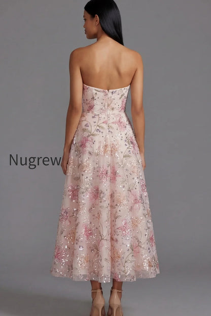 sparkly-pink-sequin-a-line-floral-maxi-strapless-wedding-guest-dress