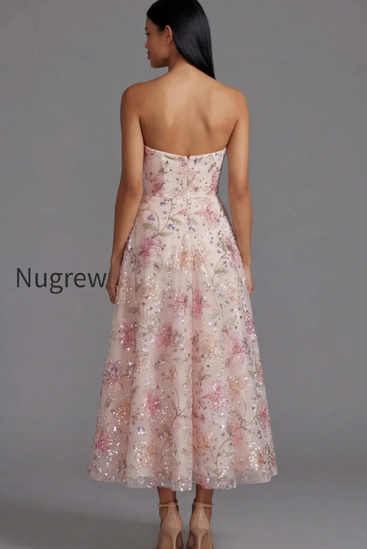 sparkly-pink-sequin-a-line-floral-maxi-strapless-wedding-guest-dress