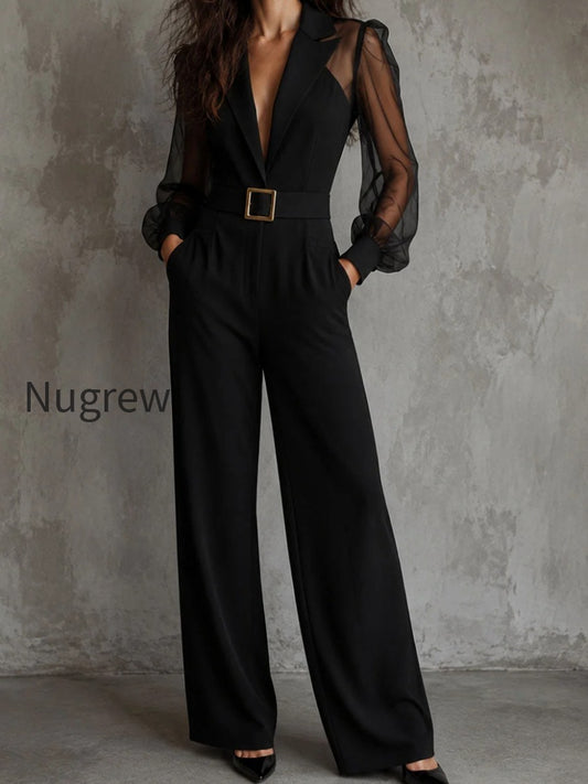 elegant-black-lapel-sheer-puff-sleeve-wide-leg-jumpsuit