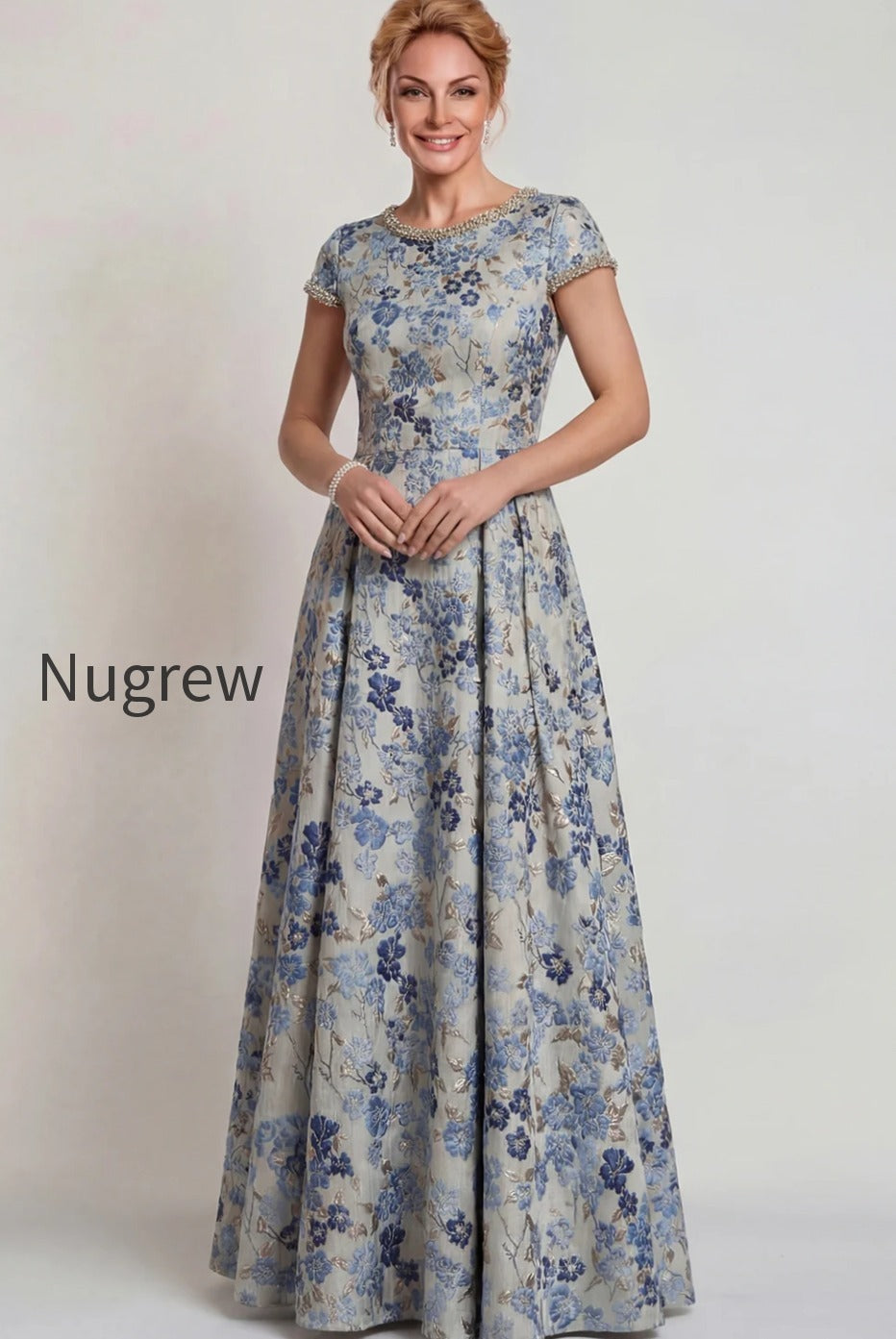 grey-blue-floral-jacquard-a-line-long-mother-of-the-bride-dress-with-sleeves