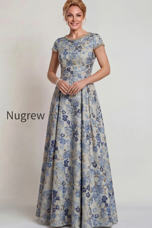 grey-blue-floral-jacquard-a-line-long-mother-of-the-bride-dress-with-sleeves