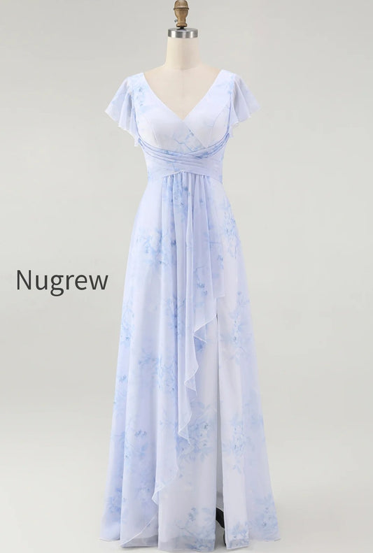 blue-chiffon-floral-a-line-v-neck-long-wedding-guest-dress-with-sleeves