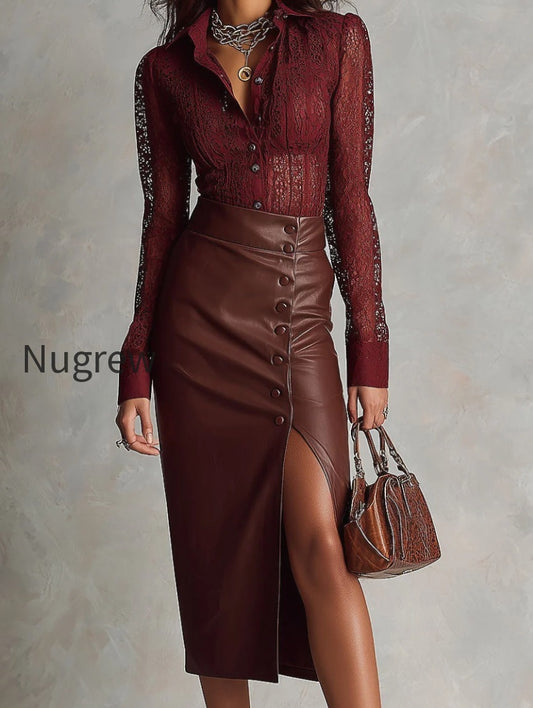 elegant-lace-blouse-with-shirt-collar-button-detail-faux-pu-slit-skirt-set