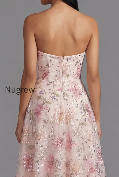 sparkly-pink-sequin-a-line-floral-maxi-strapless-wedding-guest-dress