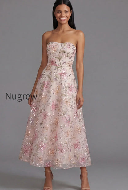 sparkly-pink-sequin-a-line-floral-maxi-strapless-wedding-guest-dress