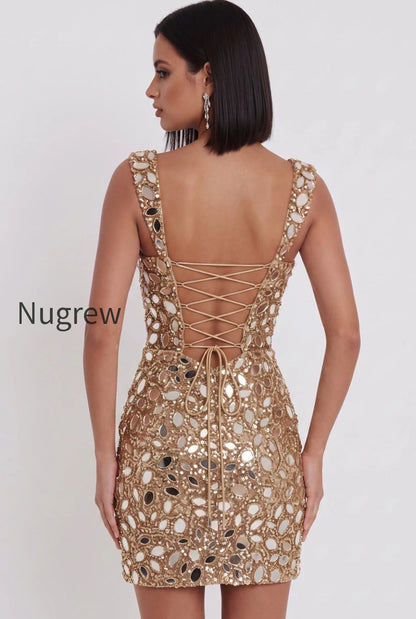 sparkly-gold-tight-sequin-mirror-short-homecoming-dress-with-slit
