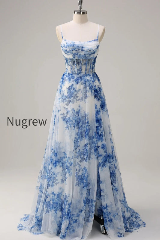 white-blue-flower-spaghetti-straps-corset-long-prom-dress-with-slit