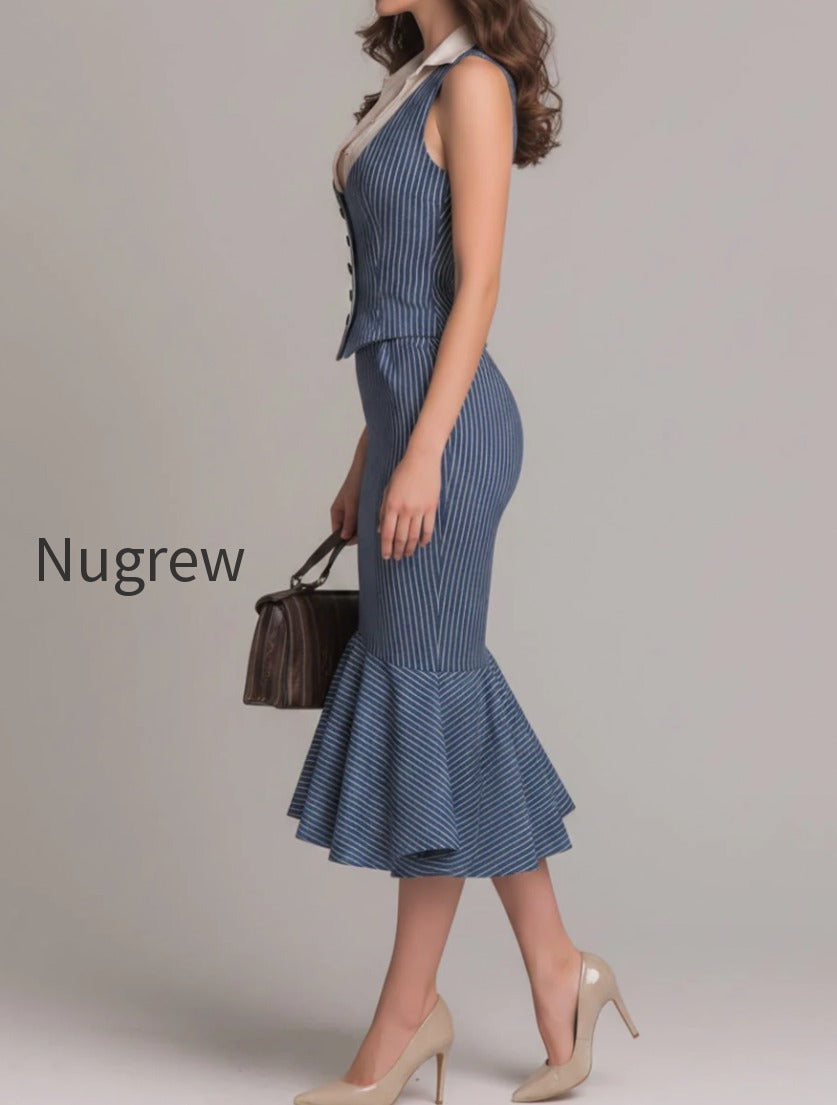 shirt-collar-striped-panel-vest-fishtail-skirt-set