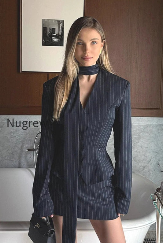 v-neck-striped-fitted-blazer-skirt-two-piece-set
