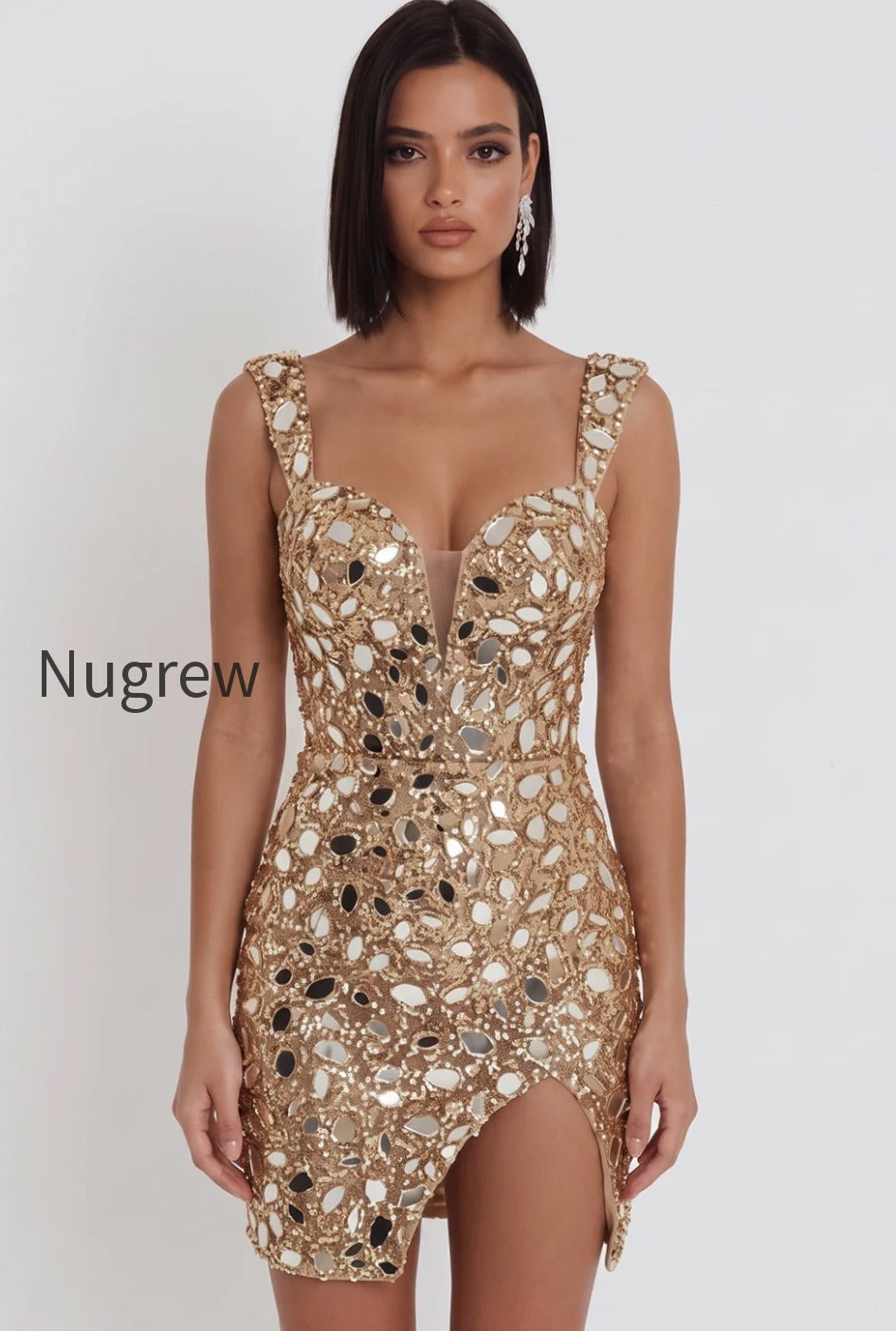 sparkly-gold-tight-sequin-mirror-short-homecoming-dress-with-slit