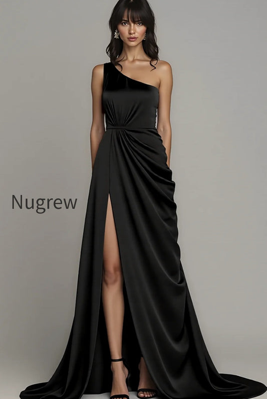 black-one-shoulder-a-line-long-satin-formal-dress-with-slit